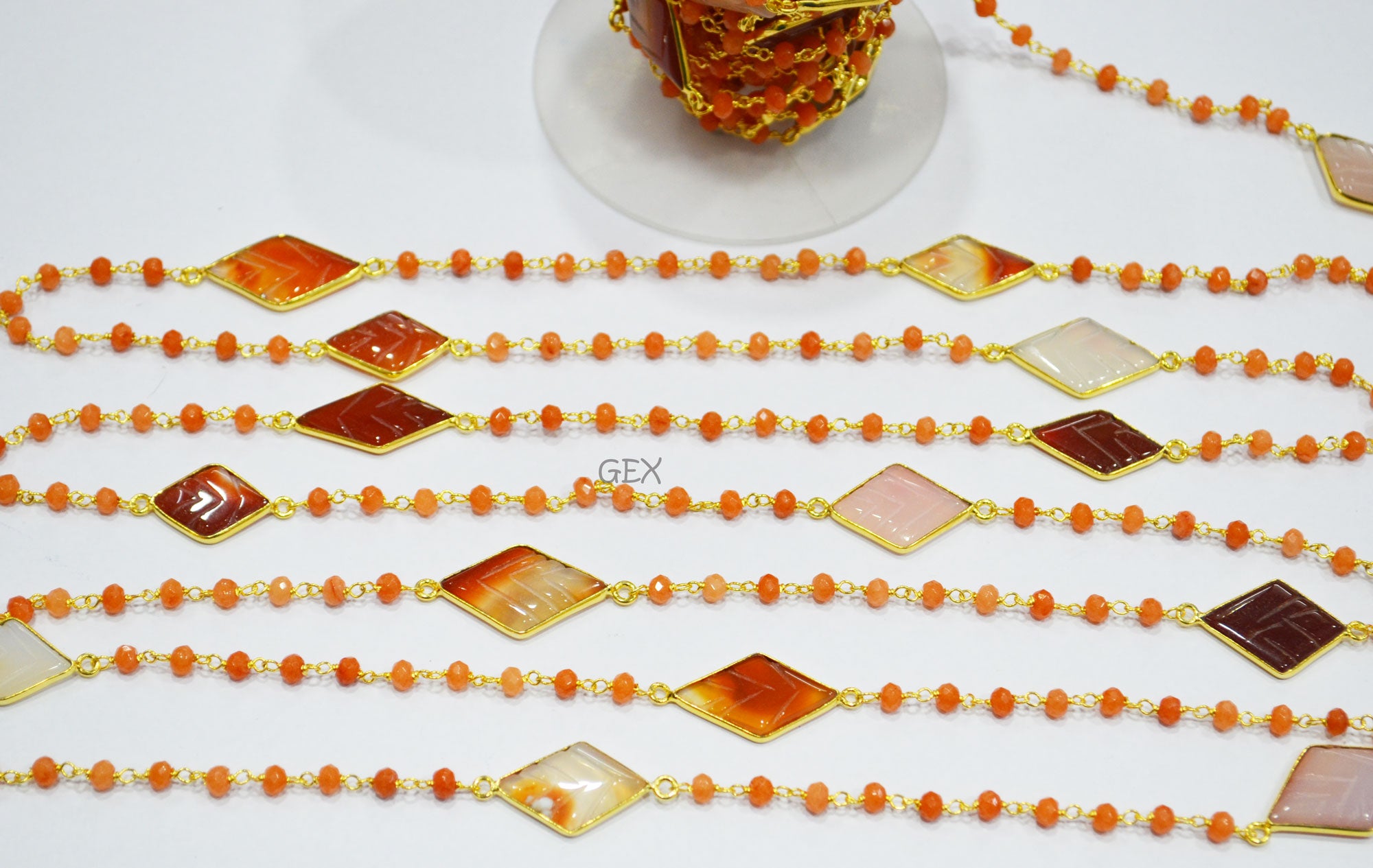 Orange Jade Faceted Rondelle Shape Rosary Beaded Chain , Orange Chalcedony Carved Diamond Shape Connector Wire Wrapped Chain , 4 mm , RB-7167