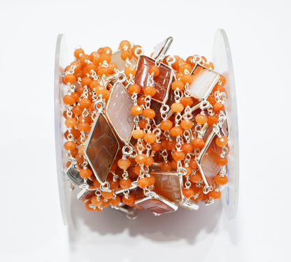 Orange Jade Faceted Rondelle Shape Rosary Beaded Chain , Orange Chalcedony Carved Diamond Shape Connector Wire Wrapped Chain , 4 mm , RB-7167