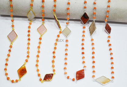 Orange Jade Faceted Rondelle Shape Rosary Beaded Chain , Orange Chalcedony Carved Diamond Shape Connector Wire Wrapped Chain , 4 mm , RB-7167