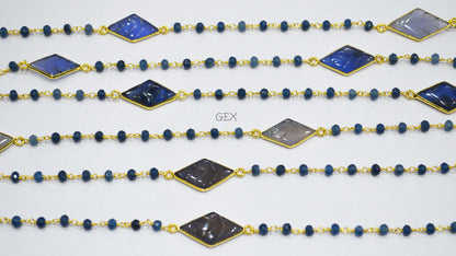 Iolite Jade Faceted Rondelle Shape Rosary Beaded Chain , Iolite Chalcedony Carved Diamond Shape Connector Wire Wrapped Chain , 4 mm , RB-7168
