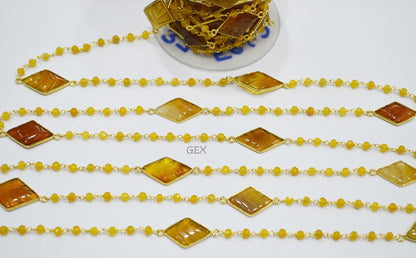 Yellow Jade Faceted Rondelle Shape Rosary Beaded Chain , Yellow Chalcedony Carved Diamond Shape Connector Wire Wrapped Chain , 4 mm , RB-7169