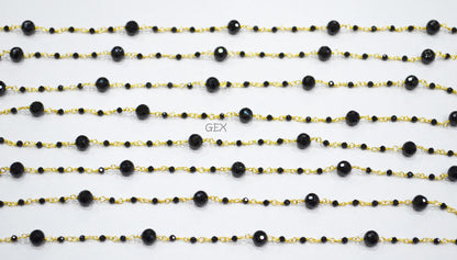 Black Spinel Faceted Round Shape Rosary Beaded Chain , 2 - 6 mm , RB-7171