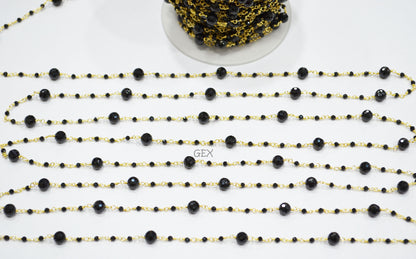 Black Spinel Faceted Round Shape Rosary Beaded Chain , 2 - 6 mm , RB-7171