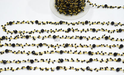 Black Spinel Faceted Round Shape Dangling Chain , 2 - 6 mm , RB-7172