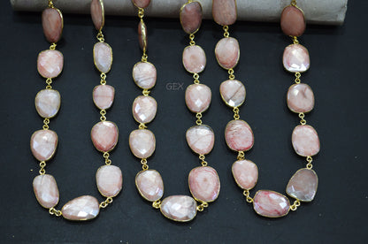 Pink Opal Color Rainbow Moonstone Faceted Slice Shape Connector Chain , 15x17 - 17x22 mm , RB-7174