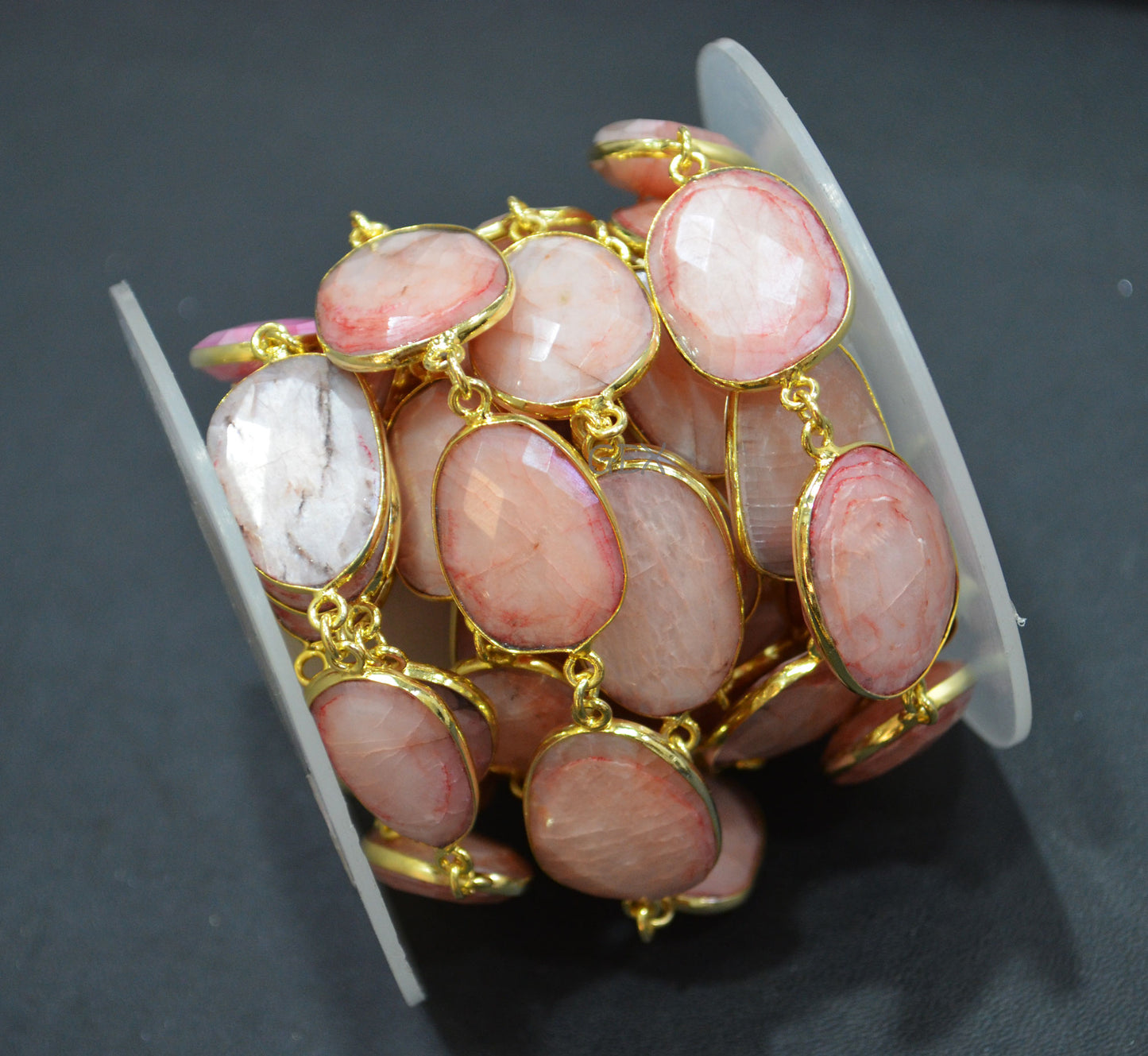 Pink Opal Color Rainbow Moonstone Faceted Slice Shape Connector Chain , 15x17 - 17x22 mm , RB-7174