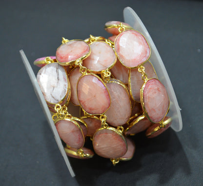Pink Opal Color Rainbow Moonstone Faceted Slice Shape Connector Chain , 15x17 - 17x22 mm , RB-7174