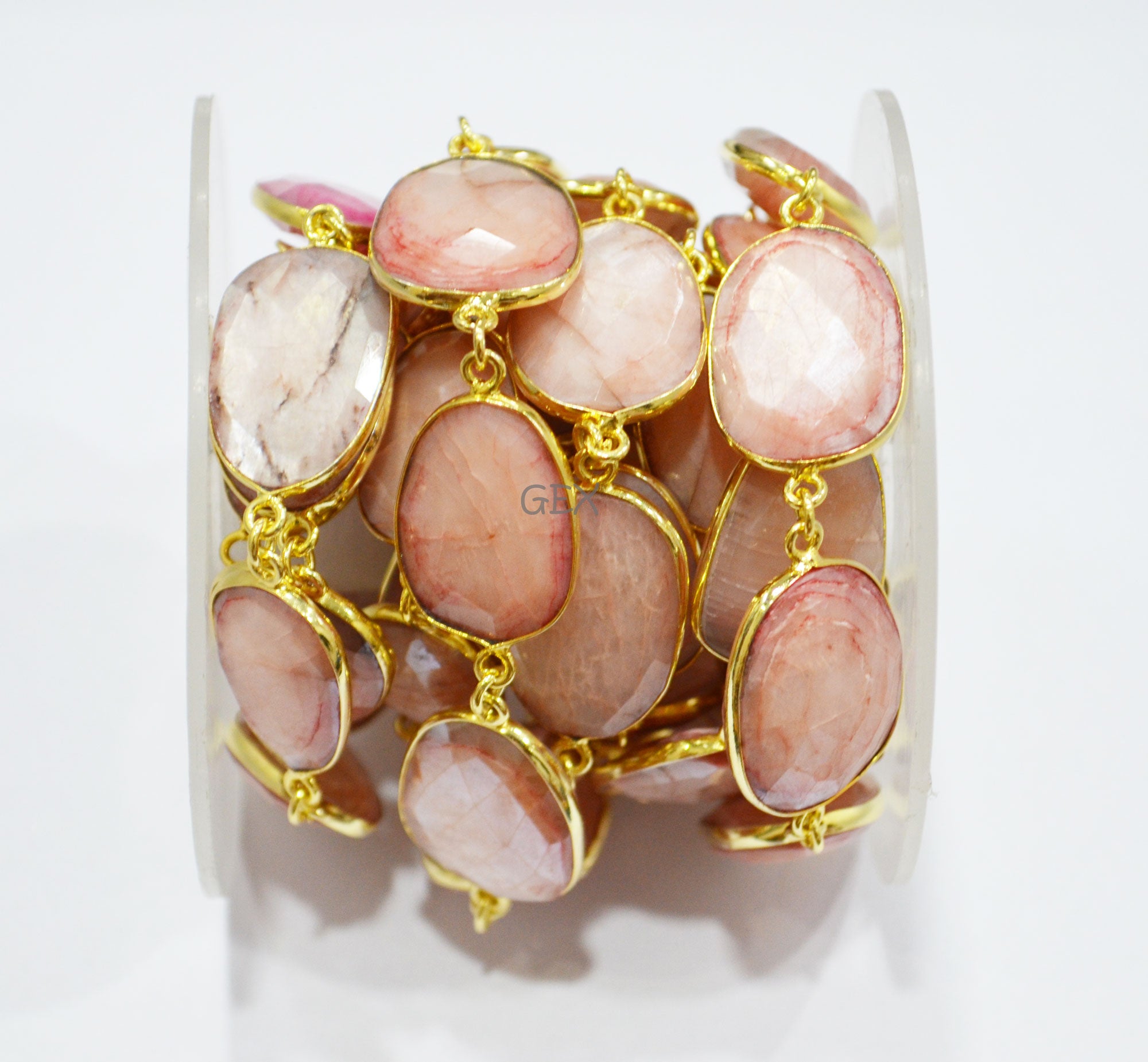 Pink Opal Color Rainbow Moonstone Faceted Slice Shape Connector Chain , 15x17 - 17x22 mm , RB-7174