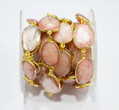 Pink Opal Color Rainbow Moonstone Faceted Slice Shape Connector Chain , 15x17 - 17x22 mm , RB-7174
