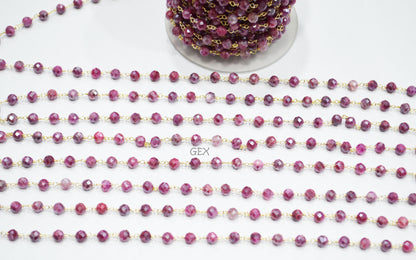 Ruby Colored Moonstone Faceted Round Shape Rosary Beaded Chain , 5 mm , RB-7184