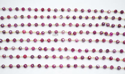 Ruby Colored Moonstone Faceted Round Shape Rosary Beaded Chain , 5 mm , RB-7184