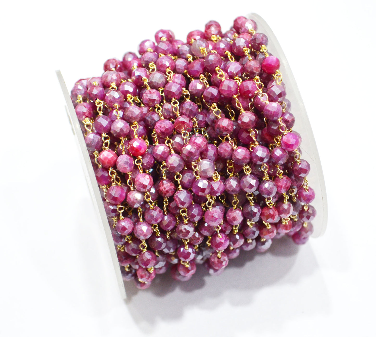 Ruby Colored Moonstone Faceted Round Shape Rosary Beaded Chain , 5 mm , RB-7184