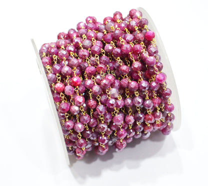 Ruby Colored Moonstone Faceted Round Shape Rosary Beaded Chain , 5 mm , RB-7184