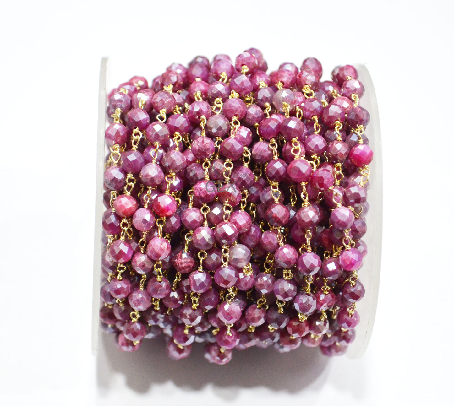 Ruby Colored Moonstone Faceted Round Shape Rosary Beaded Chain , 5 mm , RB-7184