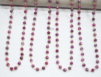 Ruby Colored Moonstone Faceted Round Shape Rosary Beaded Chain , 5 mm , RB-7184