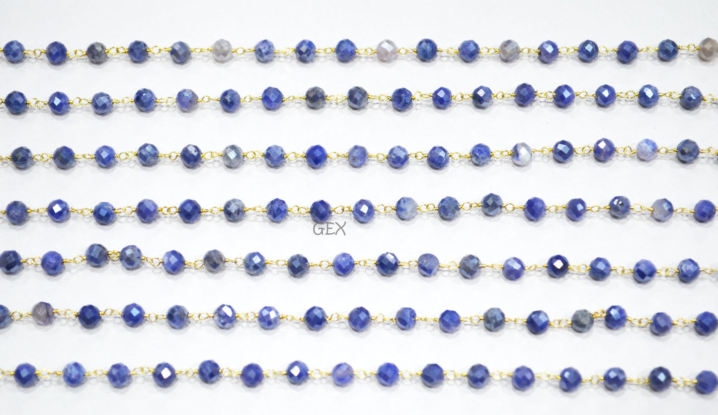 Sapphire Colored Moonstone Faceted Round Shape Rosary Beaded Chain , 5 mm , RB-7185