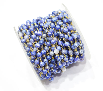 Sapphire Colored Moonstone Faceted Round Shape Rosary Beaded Chain , 5 mm , RB-7185