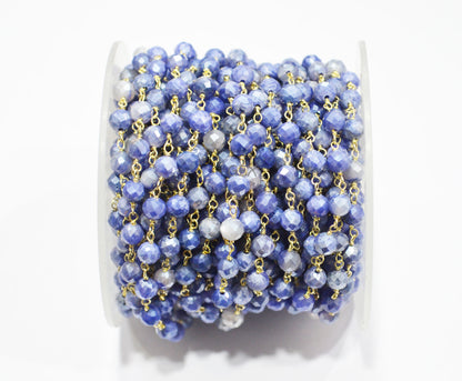 Sapphire Colored Moonstone Faceted Round Shape Rosary Beaded Chain , 5 mm , RB-7185