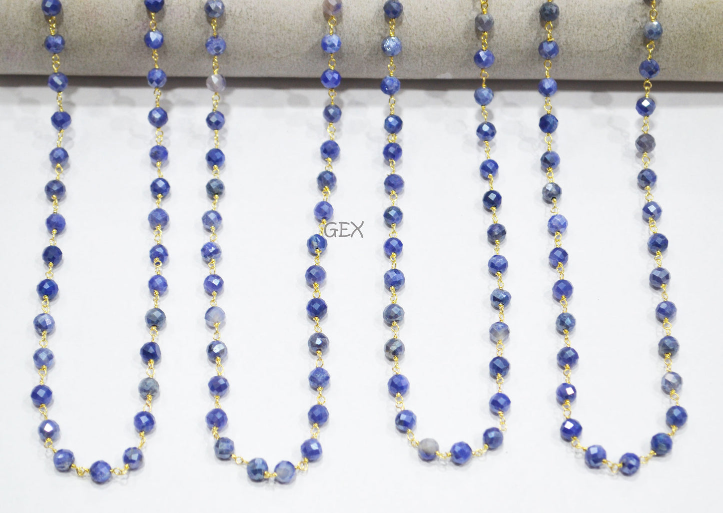 Sapphire Colored Moonstone Faceted Round Shape Rosary Beaded Chain , 5 mm , RB-7185