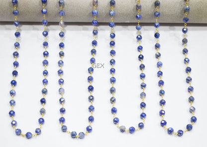 Sapphire Colored Moonstone Faceted Round Shape Rosary Beaded Chain , 5 mm , RB-7185