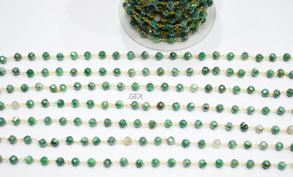 Emerald Colored Moonstone Faceted Round Shape Rosary Beaded Chain , 5 mm , RB-7186