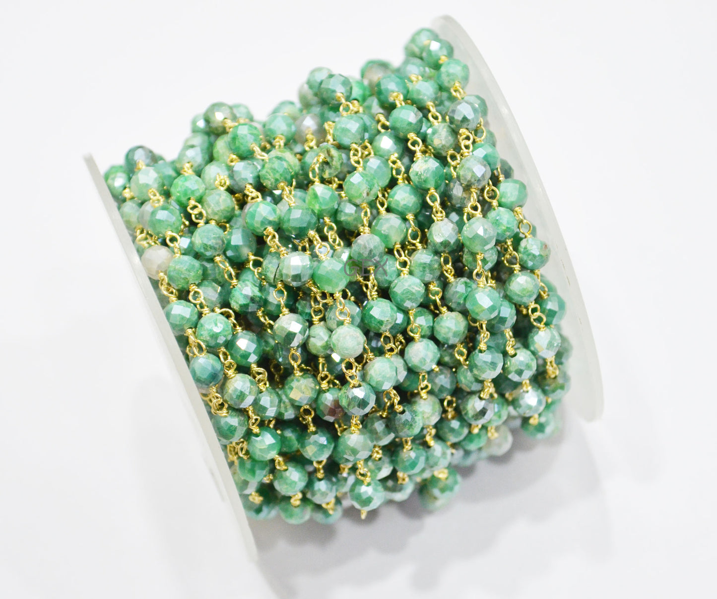 Emerald Colored Moonstone Faceted Round Shape Rosary Beaded Chain , 5 mm , RB-7186