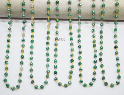 Emerald Colored Moonstone Faceted Round Shape Rosary Beaded Chain , 5 mm , RB-7186