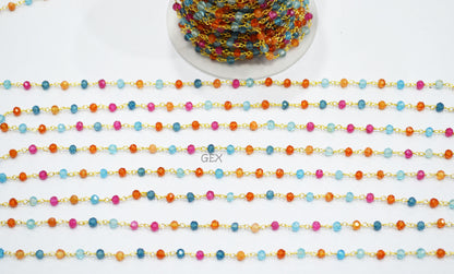 Multi Colored Topaz Faceted Round Shape Rosary Beaded Chain , 3.50 - 4 mm , RB-7187