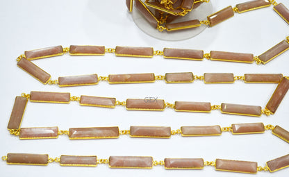 Peach Moonstone Faceted Baguette Shape Connector Chain , 9x30 - 10x35 mm , RB-7189