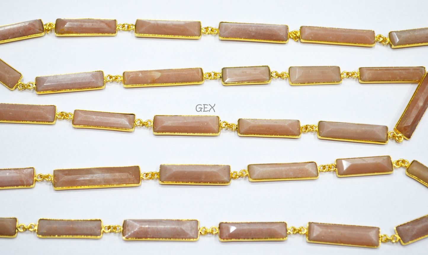 Peach Moonstone Faceted Baguette Shape Connector Chain , 9x30 - 10x35 mm , RB-7189