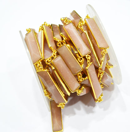 Peach Moonstone Faceted Baguette Shape Connector Chain , 9x30 - 10x35 mm , RB-7189
