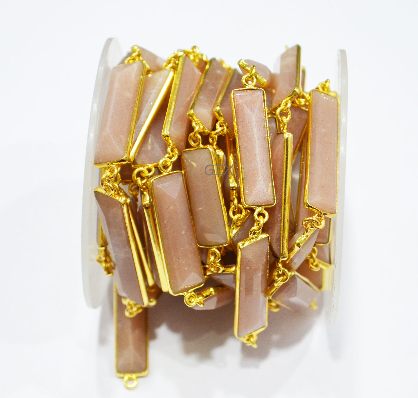 Peach Moonstone Faceted Baguette Shape Connector Chain , 9x30 - 10x35 mm , RB-7189