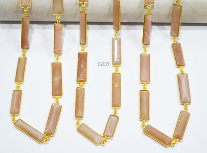 Peach Moonstone Faceted Baguette Shape Connector Chain , 9x30 - 10x35 mm , RB-7189