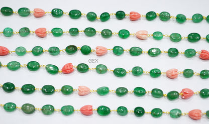 Green Strawberry Quartz Smooth Oval Shape Rosary Beaded Chain , Ceramic Coral Carved Flower Wire Wrapped Chain , 7x10 - 9x12 mm , RB-7196