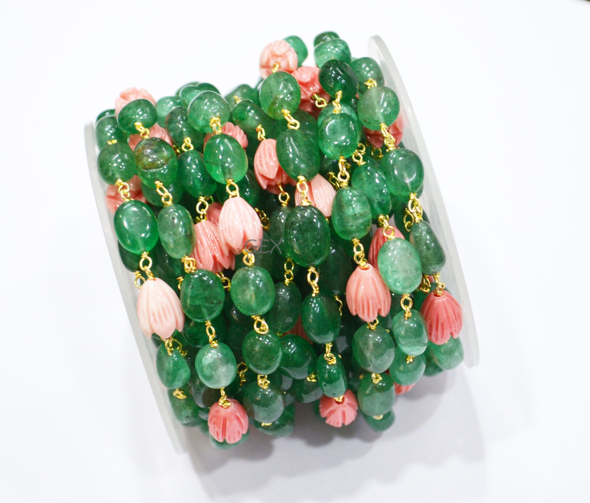 Green Strawberry Quartz Smooth Oval Shape Rosary Beaded Chain , Ceramic Coral Carved Flower Wire Wrapped Chain , 7x10 - 9x12 mm , RB-7196