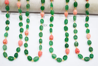 Green Strawberry Quartz Smooth Oval Shape Rosary Beaded Chain , Ceramic Coral Carved Flower Wire Wrapped Chain , 7x10 - 9x12 mm , RB-7196