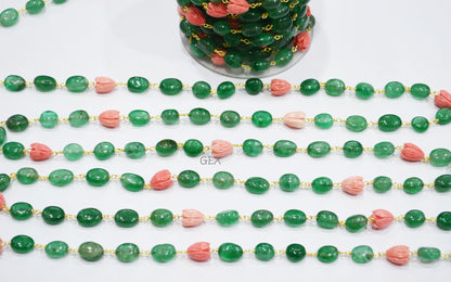 Green Strawberry Quartz Smooth Oval Shape Rosary Beaded Chain , Ceramic Coral Carved Flower Wire Wrapped Chain , 7x10 - 9x12 mm , RB-7196