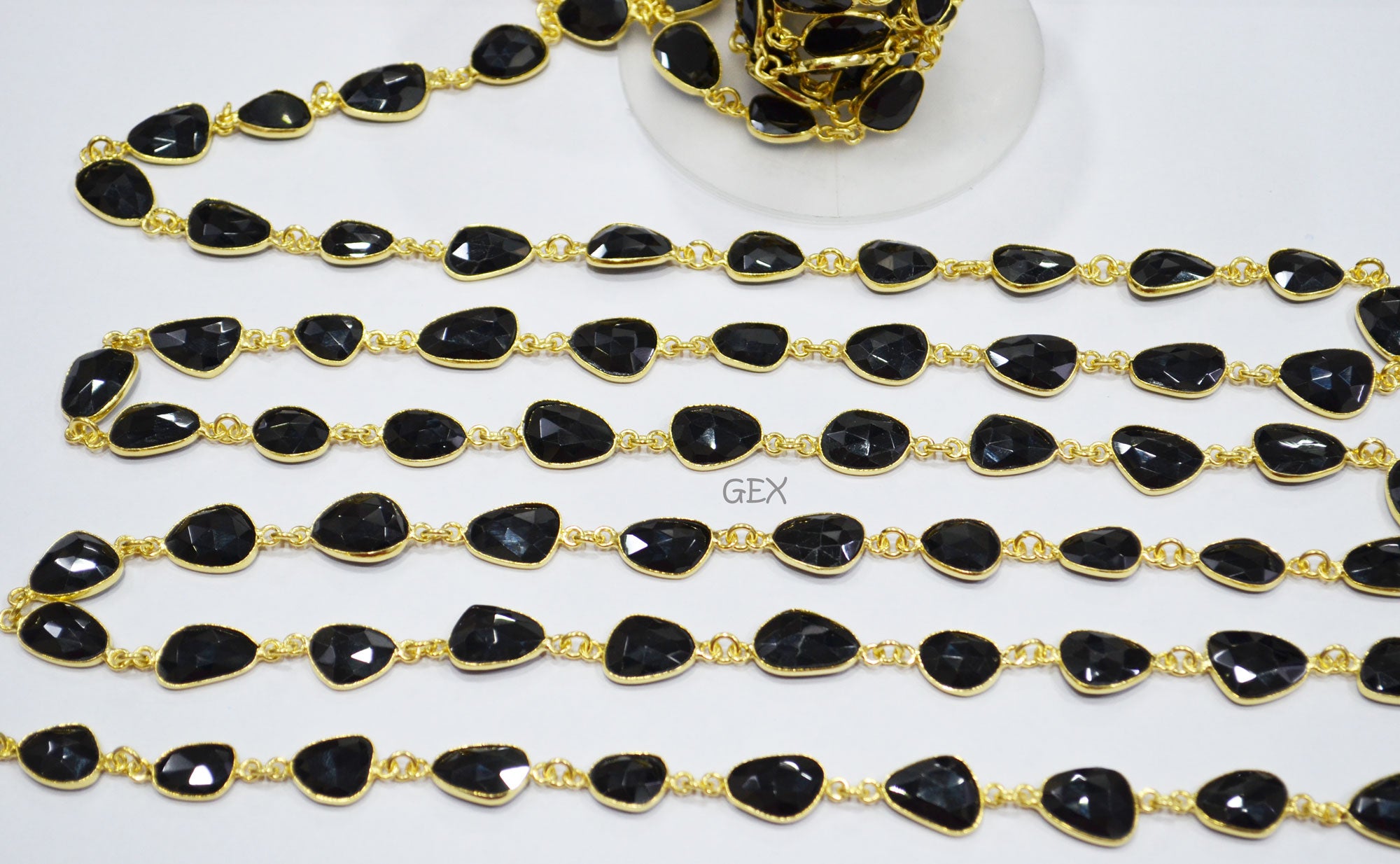 Black Onyx Faceted Flat Slice Shape Connector Chain , 9x12 - 11x14 mm , RB-7198