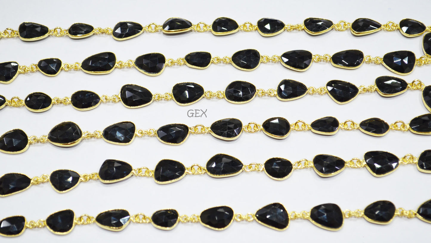 Black Onyx Faceted Flat Slice Shape Connector Chain , 9x12 - 11x14 mm , RB-7198