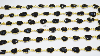 Black Onyx Faceted Flat Slice Shape Connector Chain , 9x12 - 11x14 mm , RB-7198