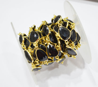 Black Onyx Faceted Flat Slice Shape Connector Chain , 9x12 - 11x14 mm , RB-7198