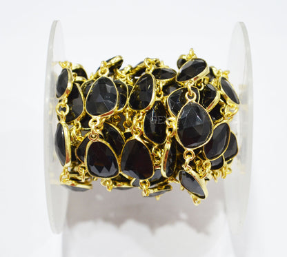 Black Onyx Faceted Flat Slice Shape Connector Chain , 9x12 - 11x14 mm , RB-7198