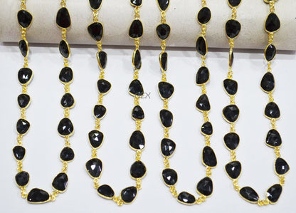 Black Onyx Faceted Flat Slice Shape Connector Chain , 9x12 - 11x14 mm , RB-7198