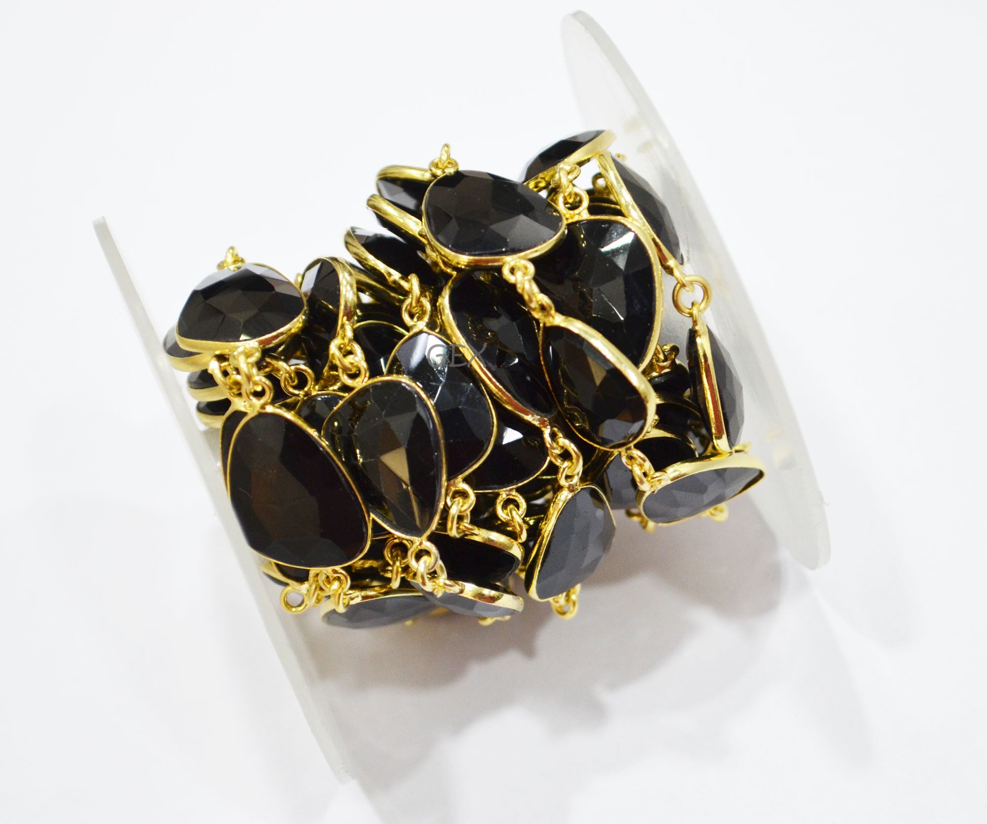 Black Onyx Faceted Flat Slice Shape Connector Chain , 13x15 - 15x18 mm , RB-7199