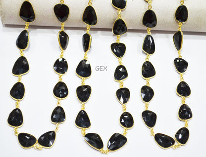 Black Onyx Faceted Flat Slice Shape Connector Chain , 13x15 - 15x18 mm , RB-7199
