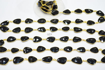 Black Onyx Faceted Flat Slice Shape Connector Chain , 13x15 - 15x18 mm , RB-7199