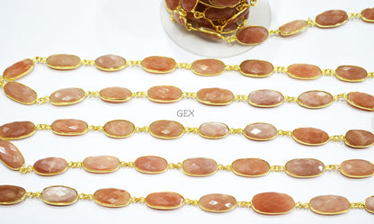 Peach Moonstone Faceted Oval Shape Connector Chain , 10x17 - 12x23 mm , RB-7200