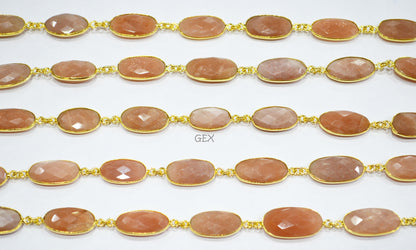 Peach Moonstone Faceted Oval Shape Connector Chain , 10x17 - 12x23 mm , RB-7200