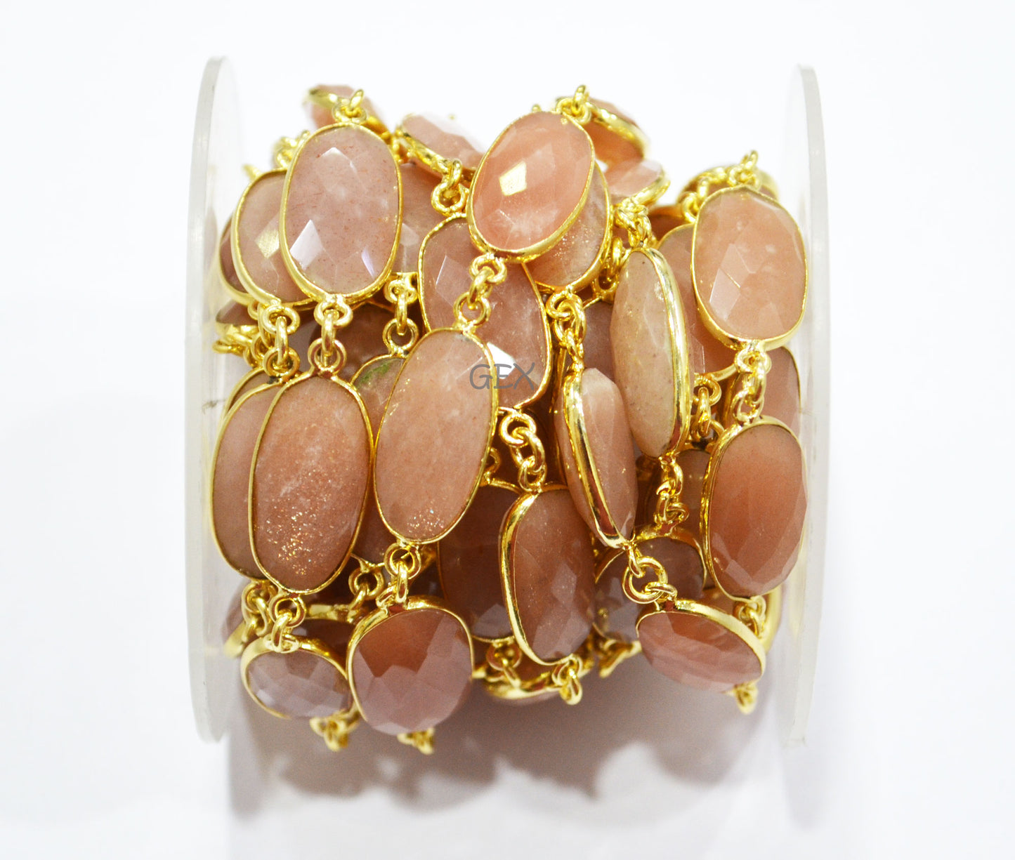 Peach Moonstone Faceted Oval Shape Connector Chain , 10x17 - 12x23 mm , RB-7200
