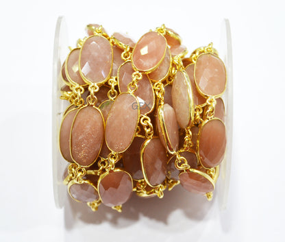 Peach Moonstone Faceted Oval Shape Connector Chain , 10x17 - 12x23 mm , RB-7200
